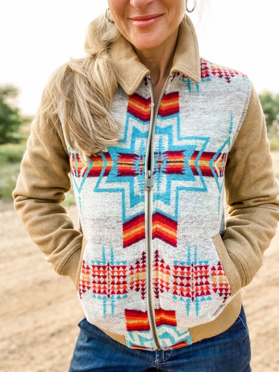 Ladies Aztec Jacquard Wool Bomber Coat