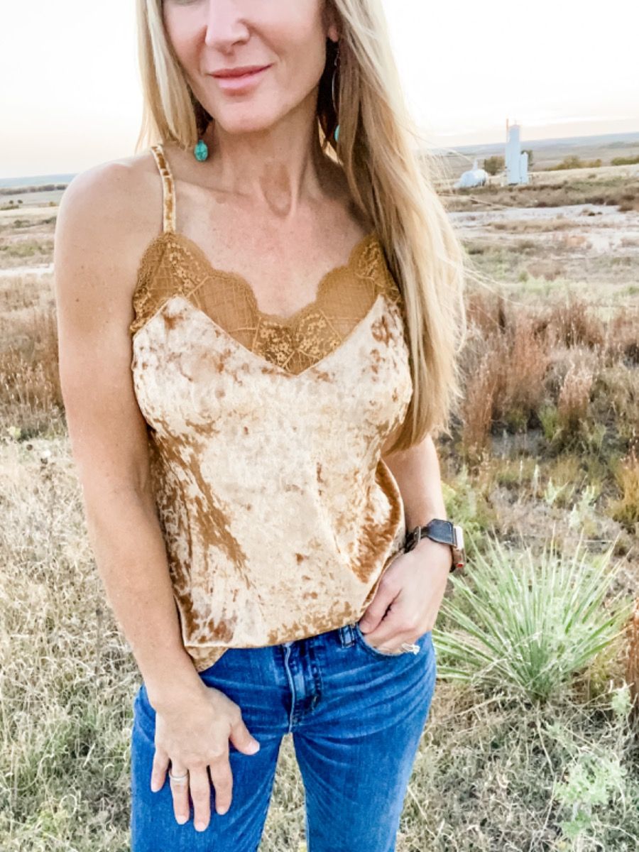Women's Gold Velvet Tank with Adjustable Straps By Rock and Roll 49-2341