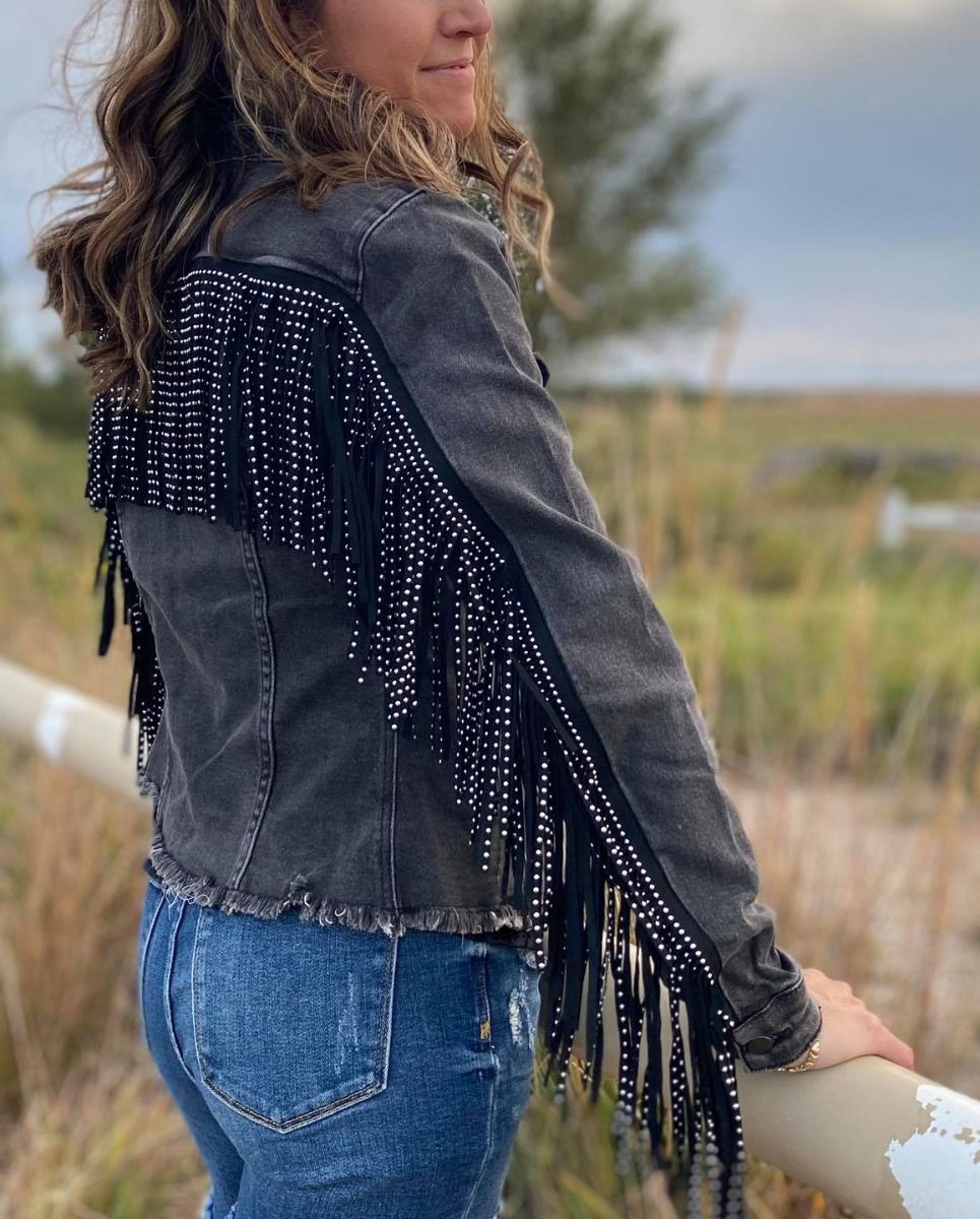 Ladies Black Wash Denim Long Sleeve With Studded Black Leather Fringe 52-1680