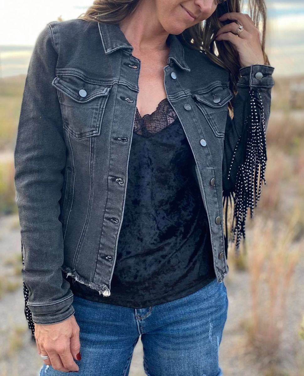 Ladies Black Wash Denim Long Sleeve With Studded Black Leather Fringe 52-1680