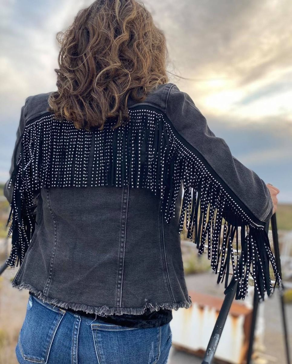Ladies Black Wash Denim Long Sleeve With Studded Black Leather Fringe 52-1680
