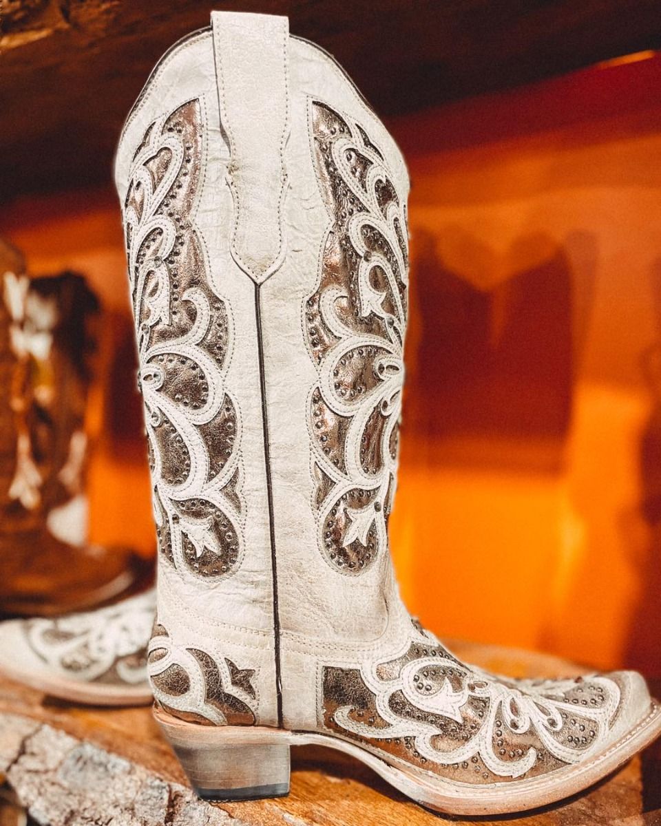 Corral White Oxford Inlay with Crystals and Embroidery Boots