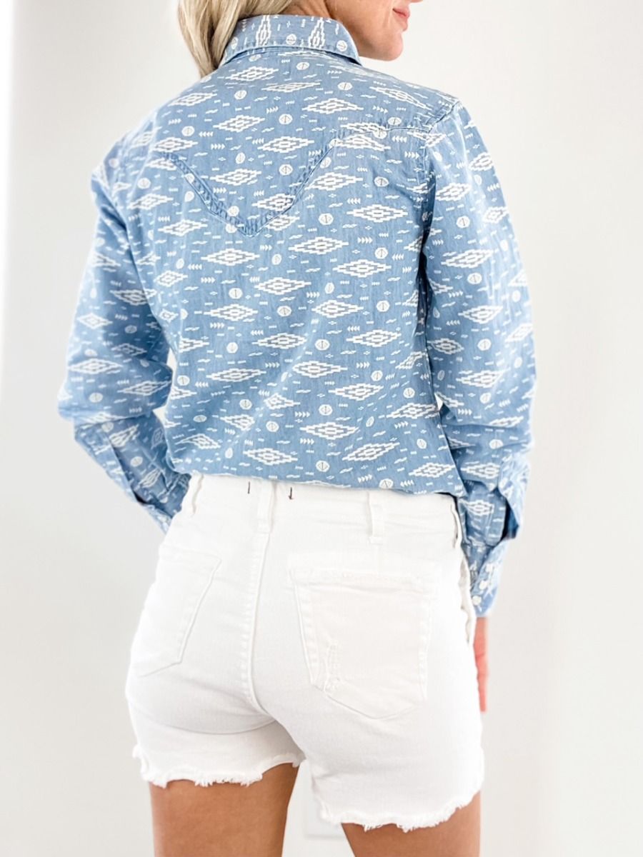 Blue washed Thelma Shirt with Aztec Design