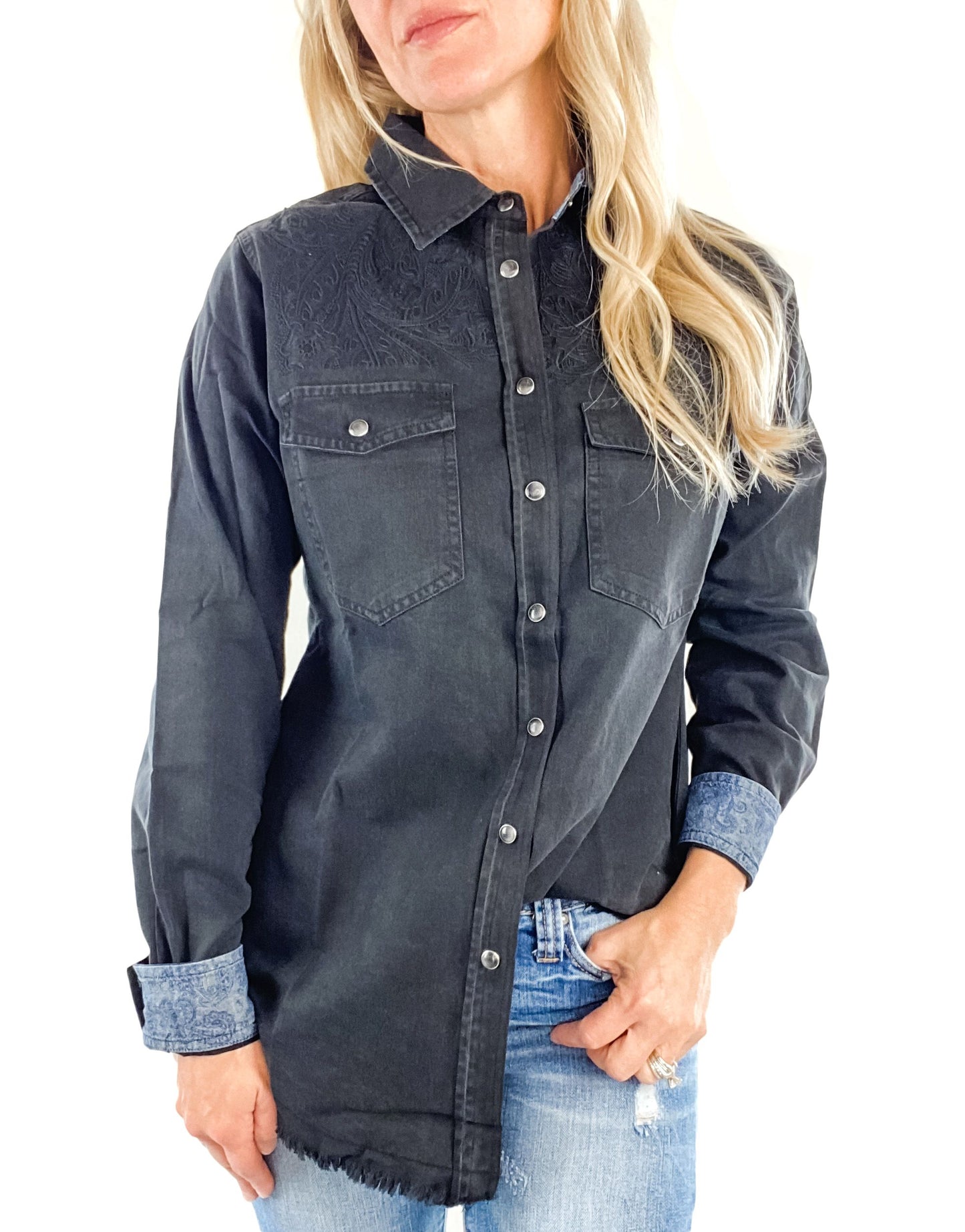 Vintage Black Frayed Hem Snap Front Lorde Shirt