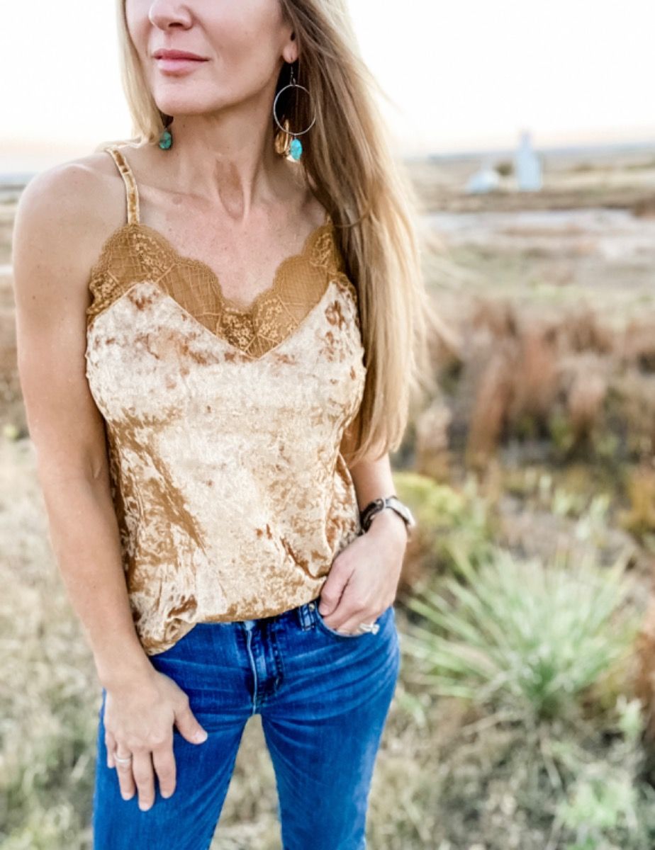 Women's Gold Velvet Tank with Adjustable Straps By Rock and Roll 49-2341