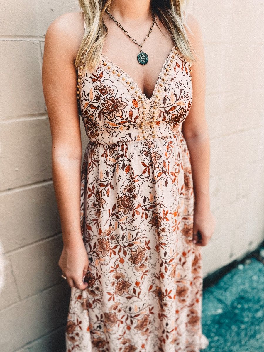 Miss Me WoodBeads Front Lace Up Back Print Woven Dress