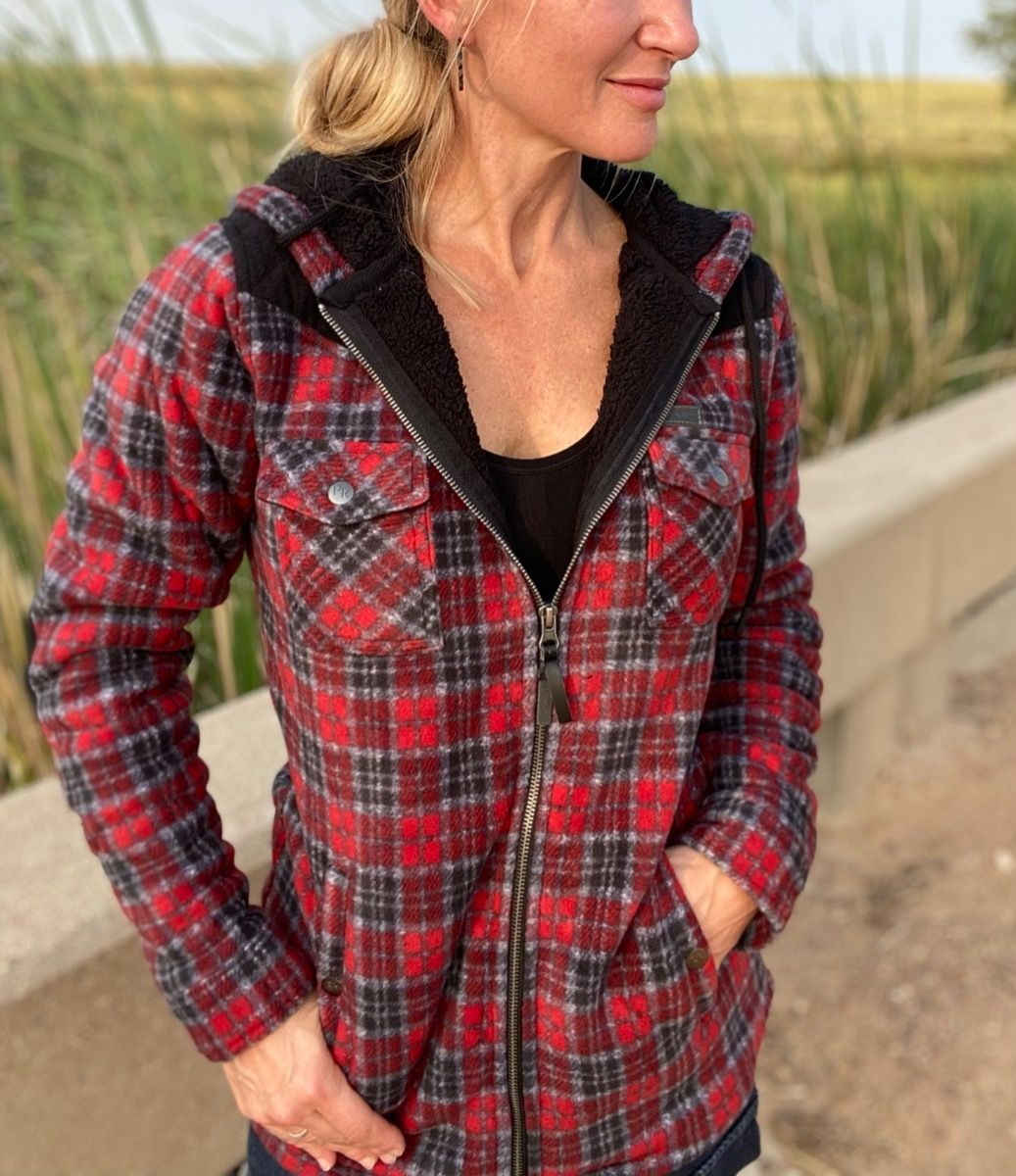 Ladies Red Plaid Print Fleece Jacket