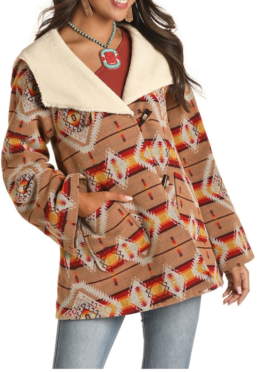 Ladies Aztec Jacquard Wool Cape Coat 52-1011