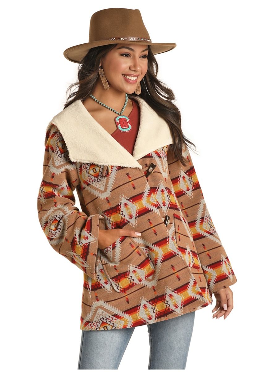 Ladies Aztec Jacquard Wool Cape Coat 52-1011