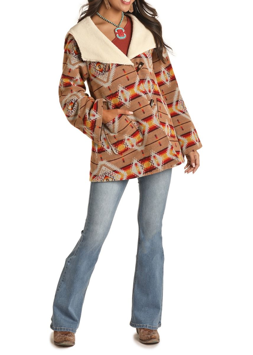 Ladies Aztec Jacquard Wool Cape Coat 52-1011