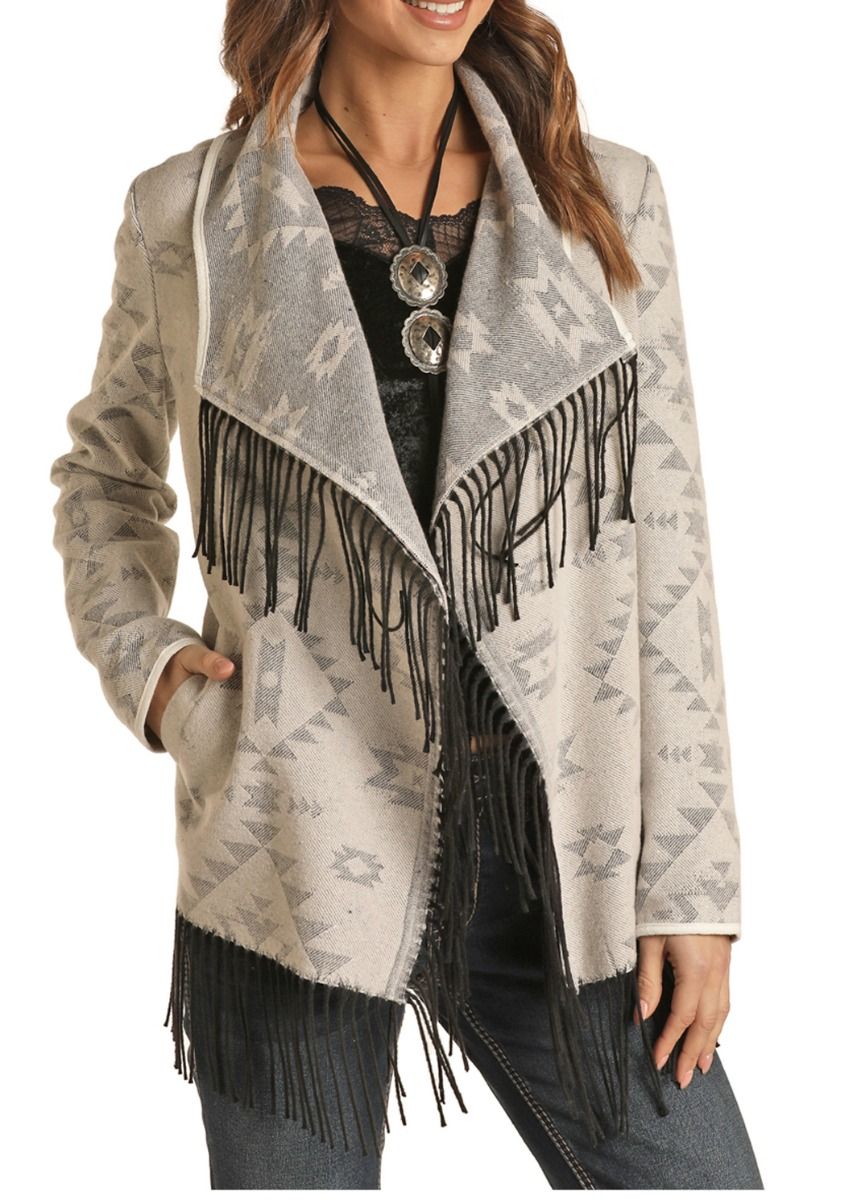 Ladies Natural Aztec Jacquard with Fringe