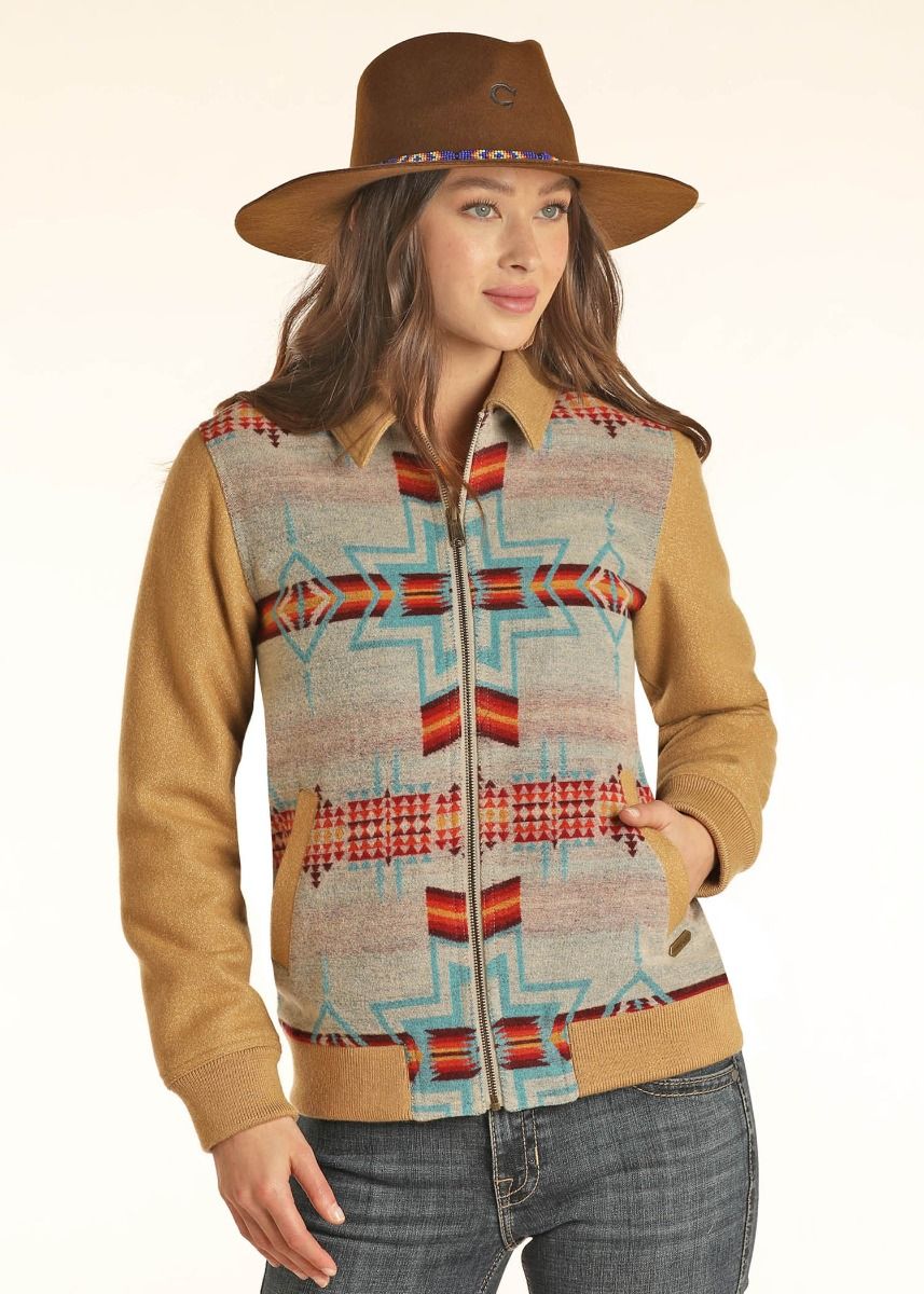 Ladies Aztec Jacquard Wool Bomber Coat