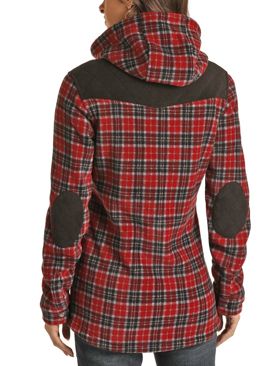 Ladies Red Plaid Print Fleece Jacket