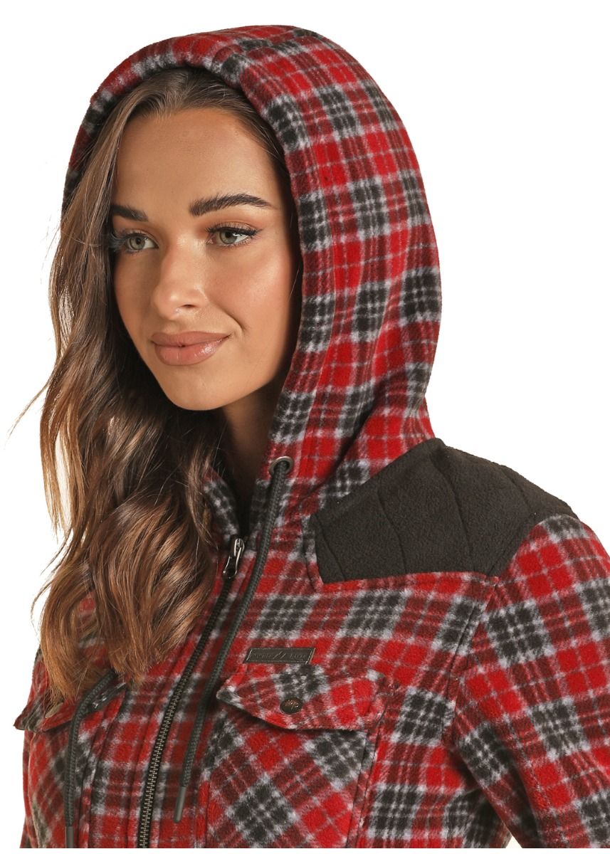 Ladies Red Plaid Print Fleece Jacket