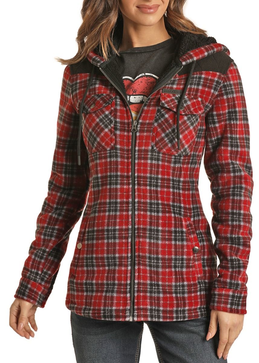 Ladies Red Plaid Print Fleece Jacket
