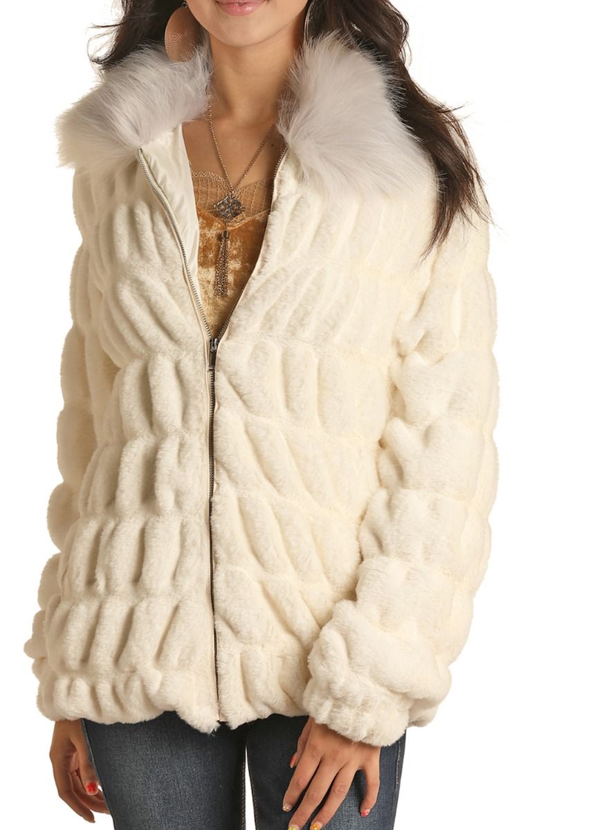 Ladies Zip Front Faux Fur Jacket With Fur Collar In Natural 52-1083