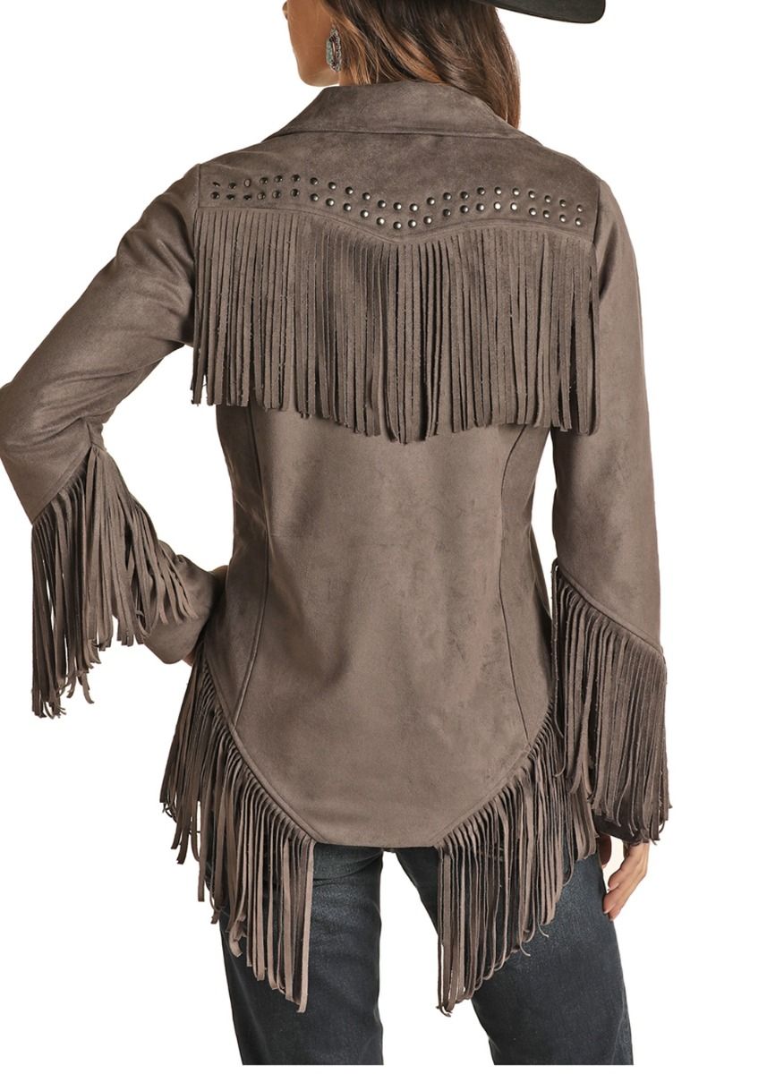 Ladies Micro Suede Fringe Jacket With Welt Pockets And Snaps By Powder River 52-1085