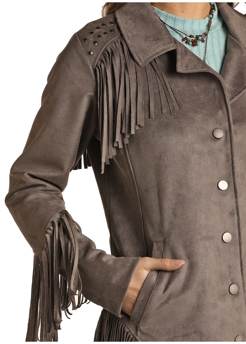 Ladies Micro Suede Fringe Jacket With Welt Pockets And Snaps By Powder River 52-1085