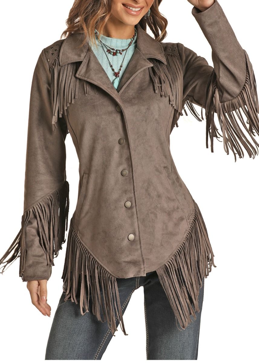 Ladies Micro Suede Fringe Jacket With Welt Pockets And Snaps By Powder River 52-1085