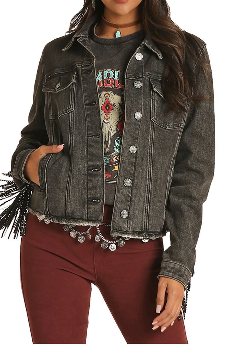 Ladies Black Wash Denim Long Sleeve With Studded Black Leather Fringe 52-1680