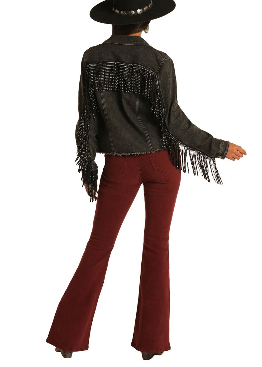 Ladies Black Wash Denim Long Sleeve With Studded Black Leather Fringe 52-1680