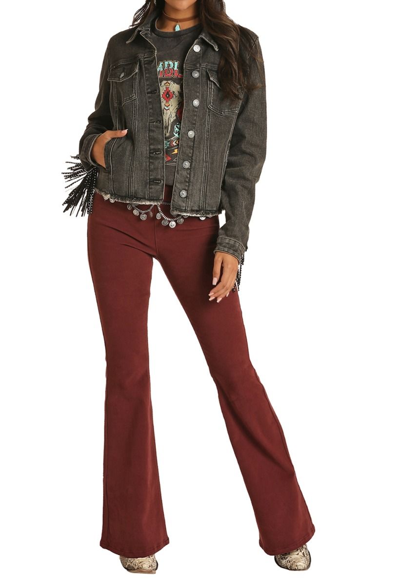 Ladies Black Wash Denim Long Sleeve With Studded Black Leather Fringe 52-1680