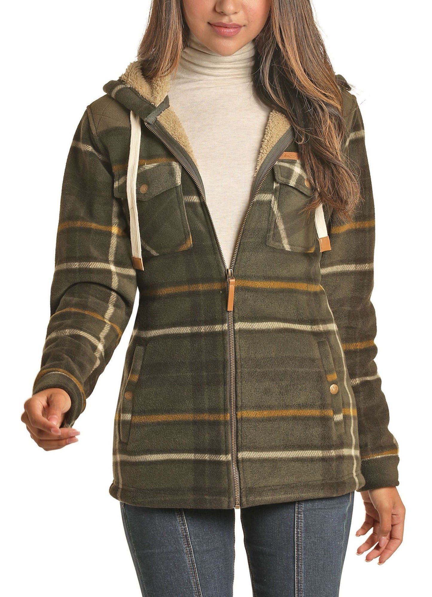 Powder River Women's Green Plaid Fleece Lined Hooded Jacket