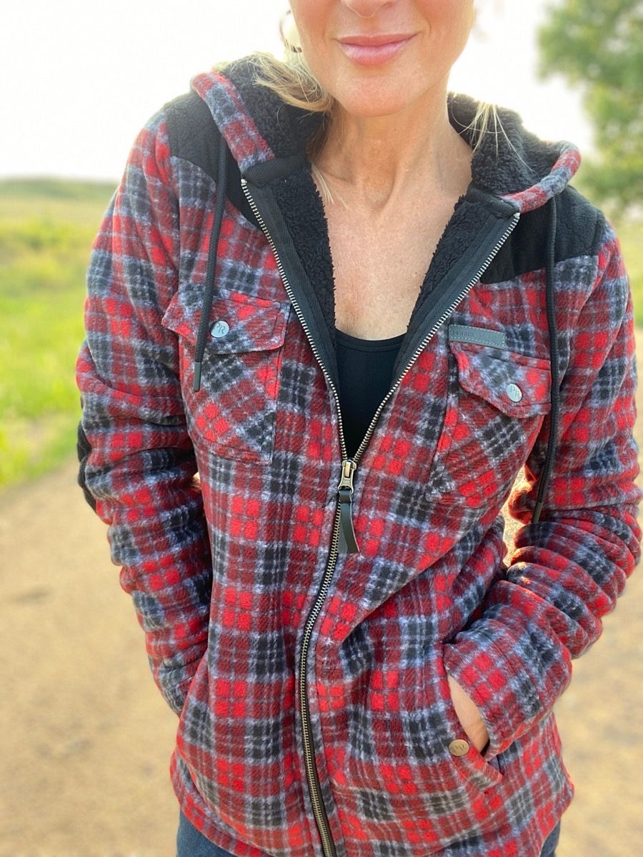 Ladies Red Plaid Print Fleece Jacket