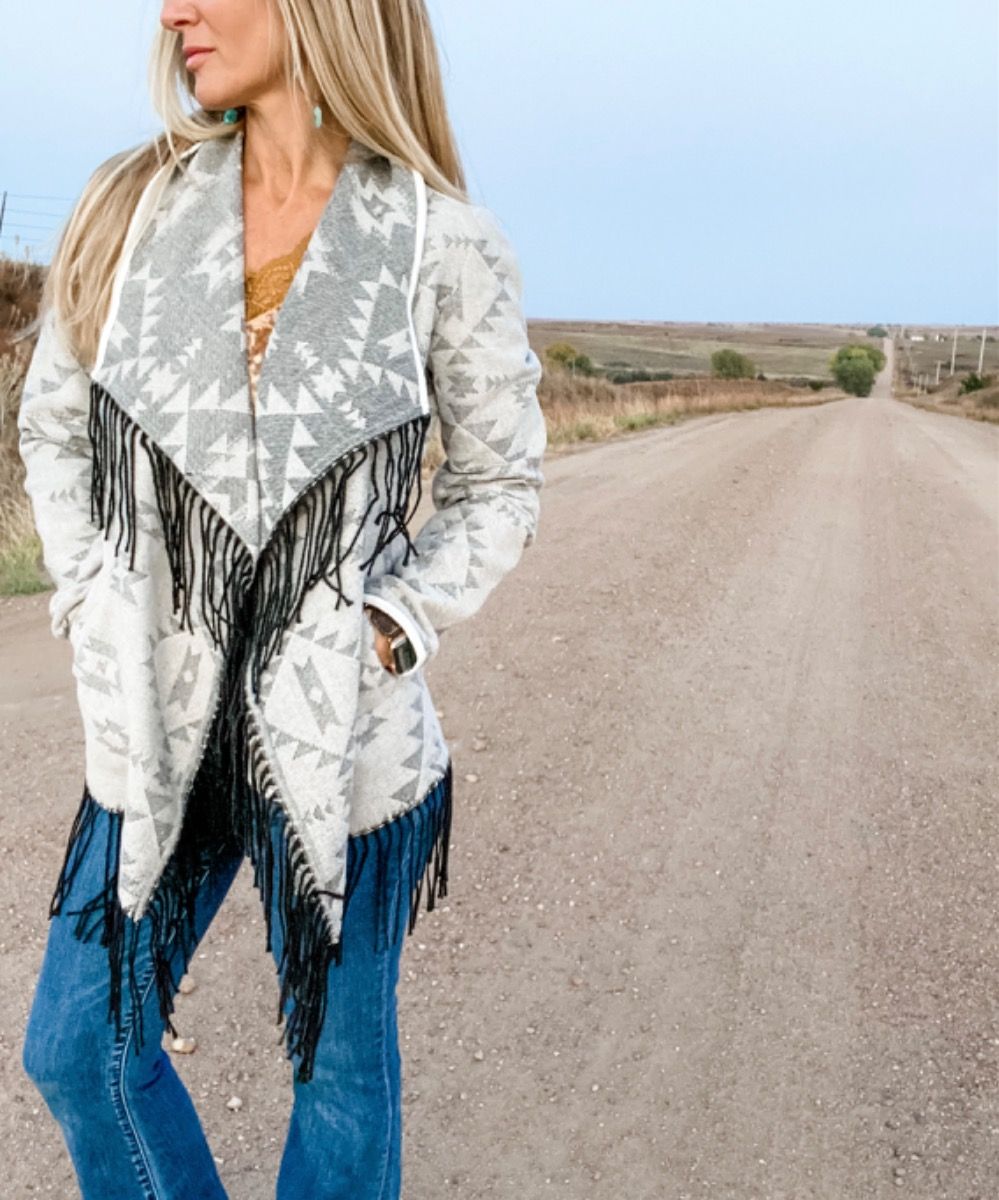 Ladies Natural Aztec Jacquard with Fringe