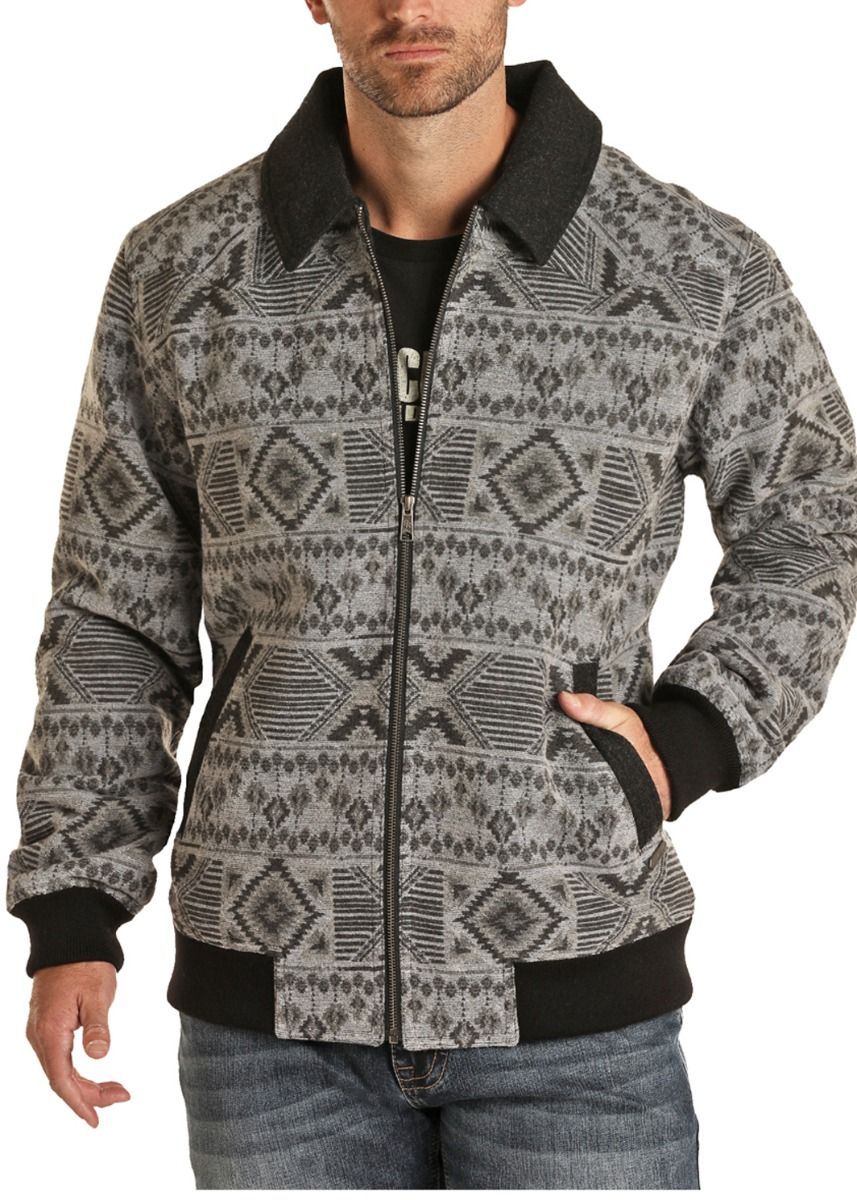 Men's Charcoal Aztec Wool Bomber Coat By Powder River Outfitters 92-1010