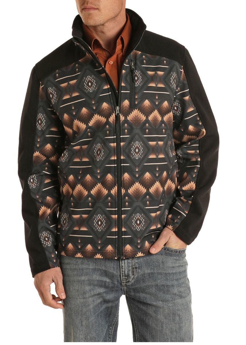 Men's Black Printed Aztec Soft Shell Jacket by Powder River 92-1049