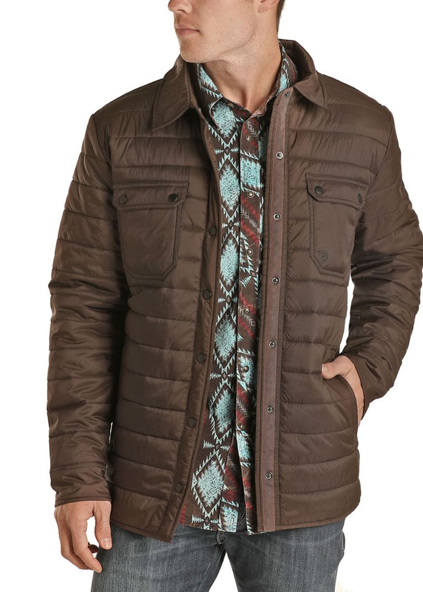 Men's Quilted Puffer Shirt Jacket In Brown 92-1131