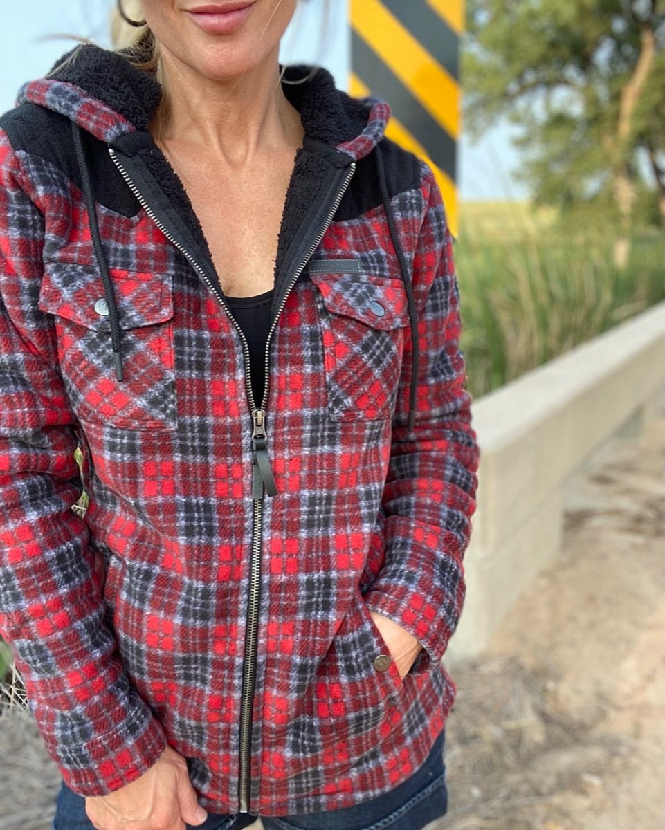 Ladies Red Plaid Print Fleece Jacket