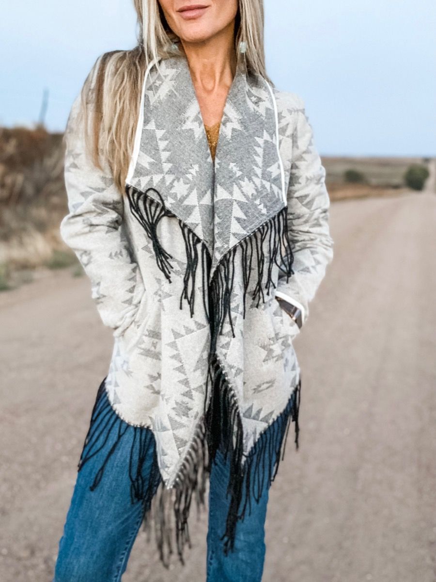 Ladies Natural Aztec Jacquard with Fringe