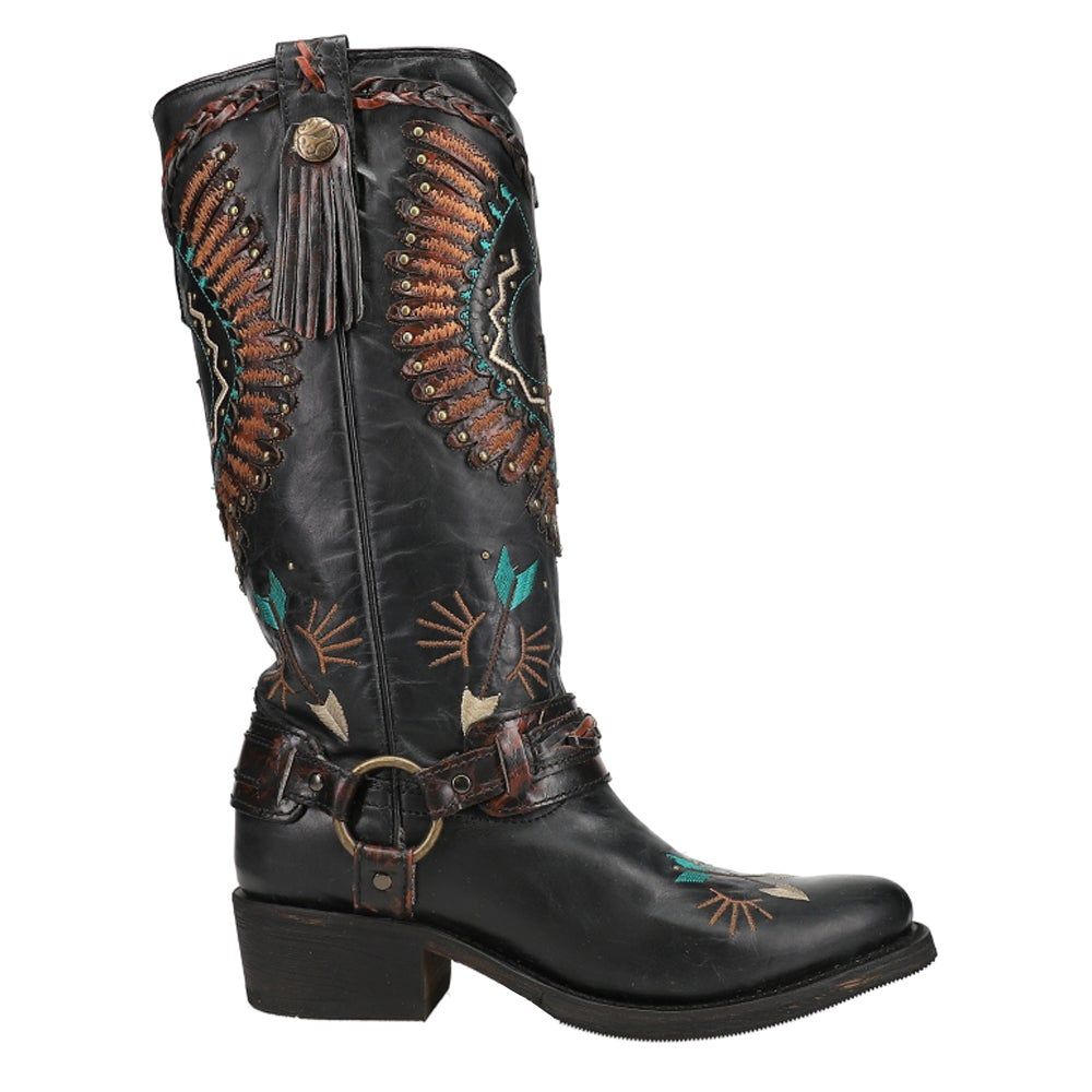 Ladies Black Eagle Overlay And Harness Biker Boot By Corral A3616