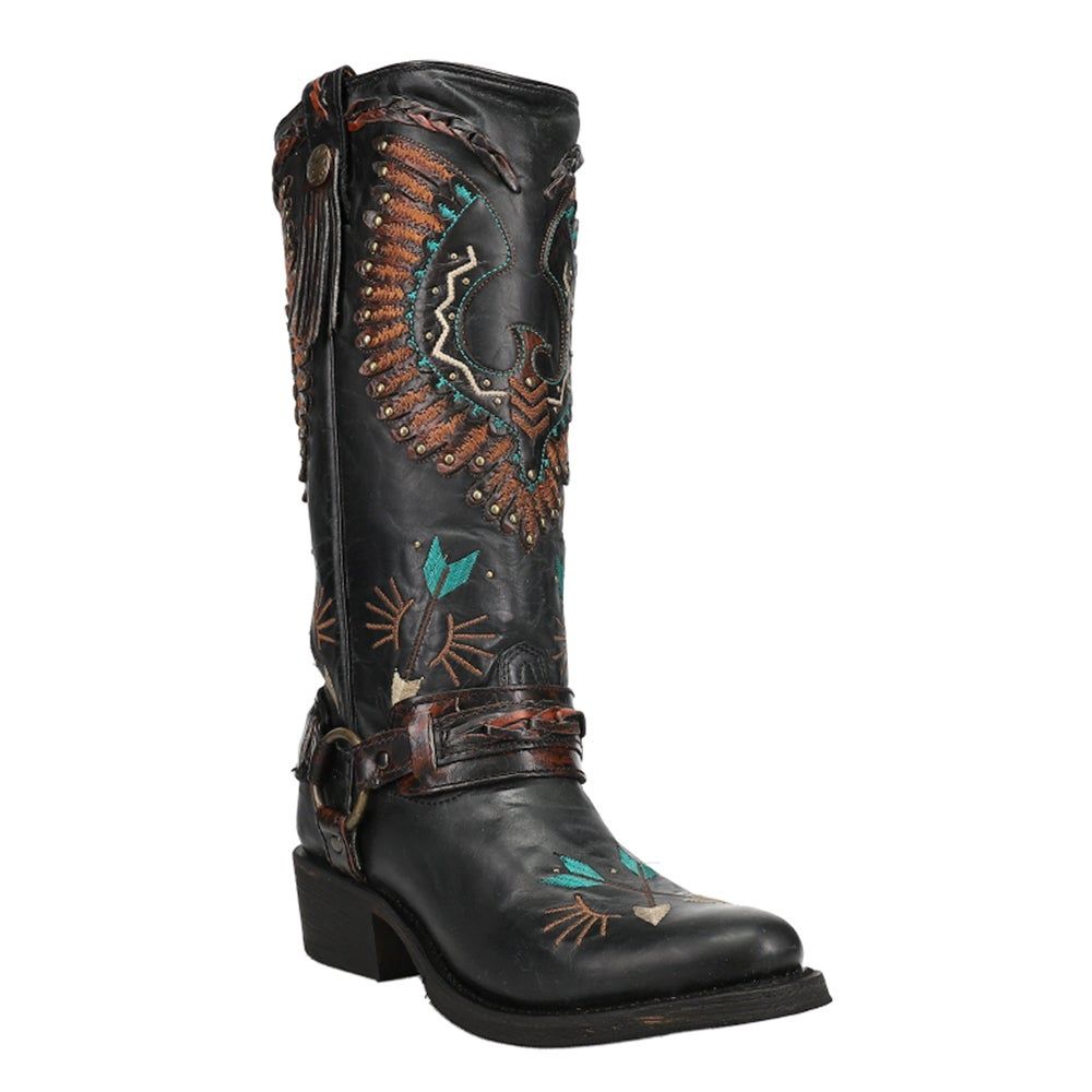Ladies Black Eagle Overlay And Harness Biker Boot By Corral A3616