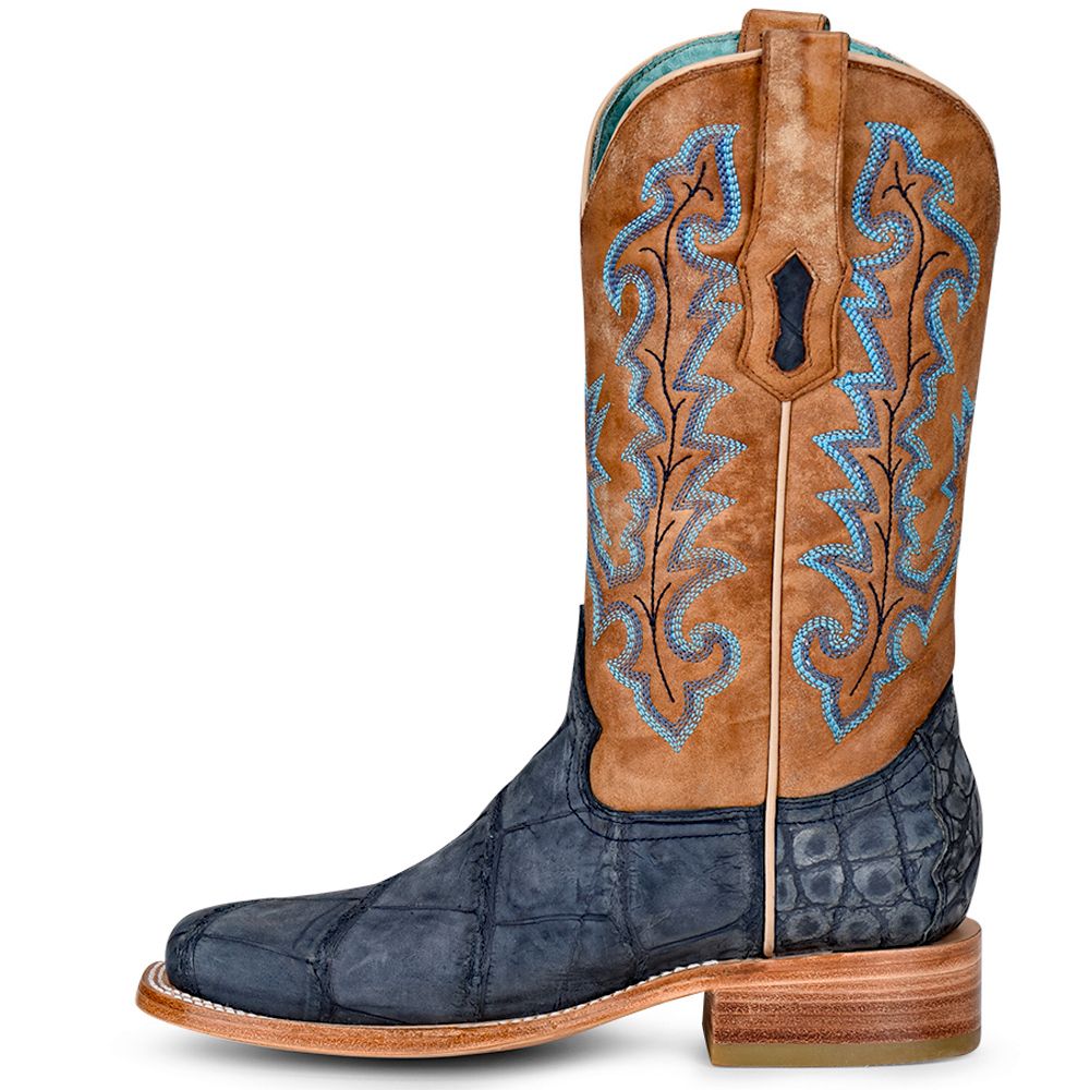 Corral Ladies Blue and Sand Alligator Embroidery Square Toe Boot A4199