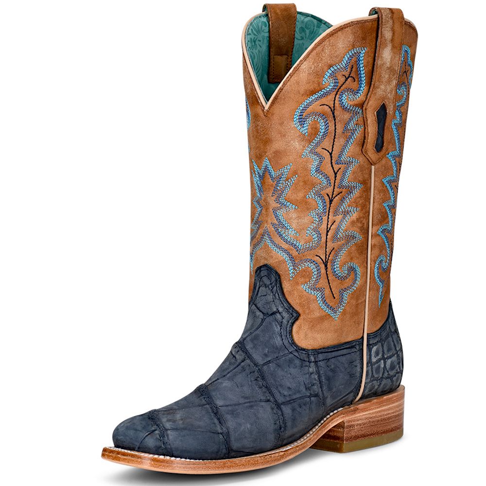 Corral Ladies Blue and Sand Alligator Embroidery Square Toe Boot A4199