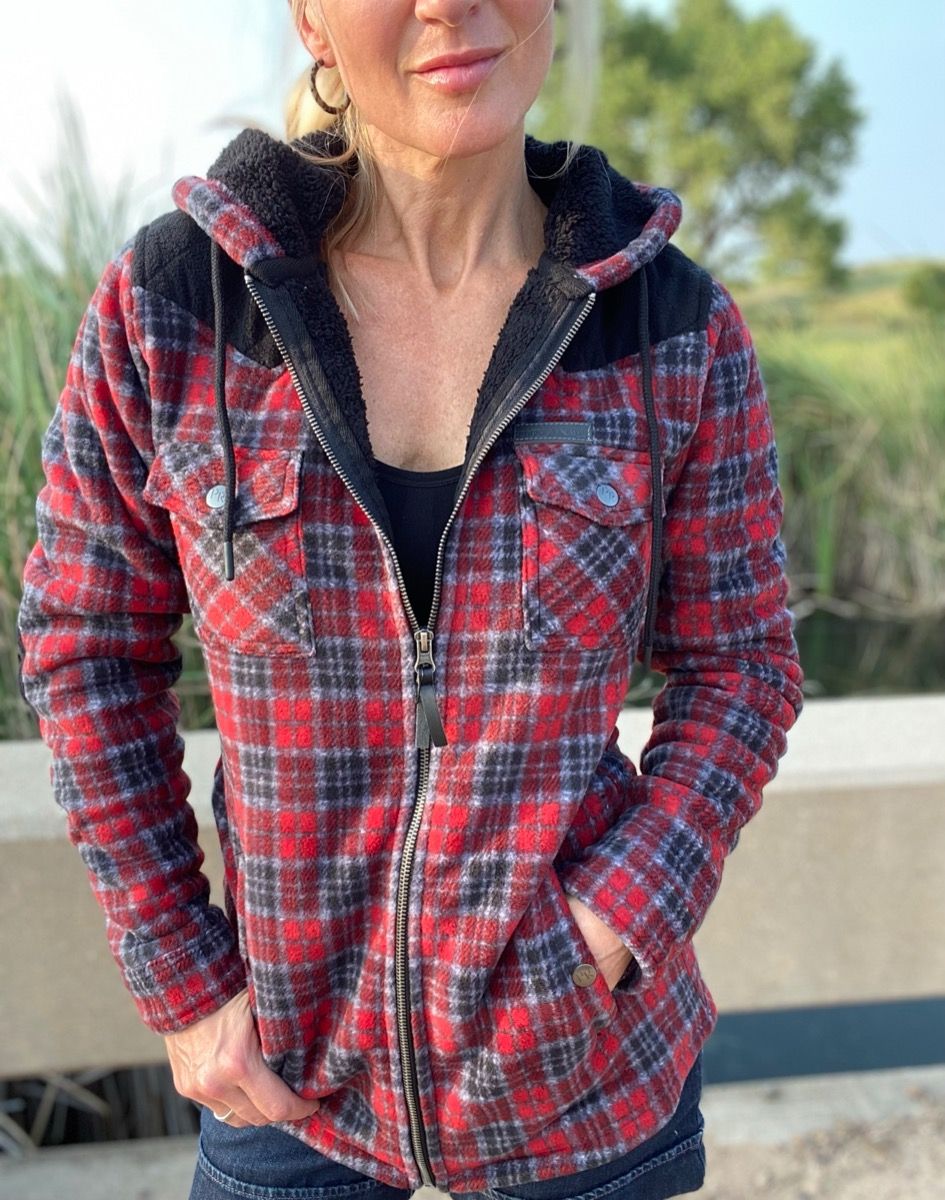 Ladies Red Plaid Print Fleece Jacket