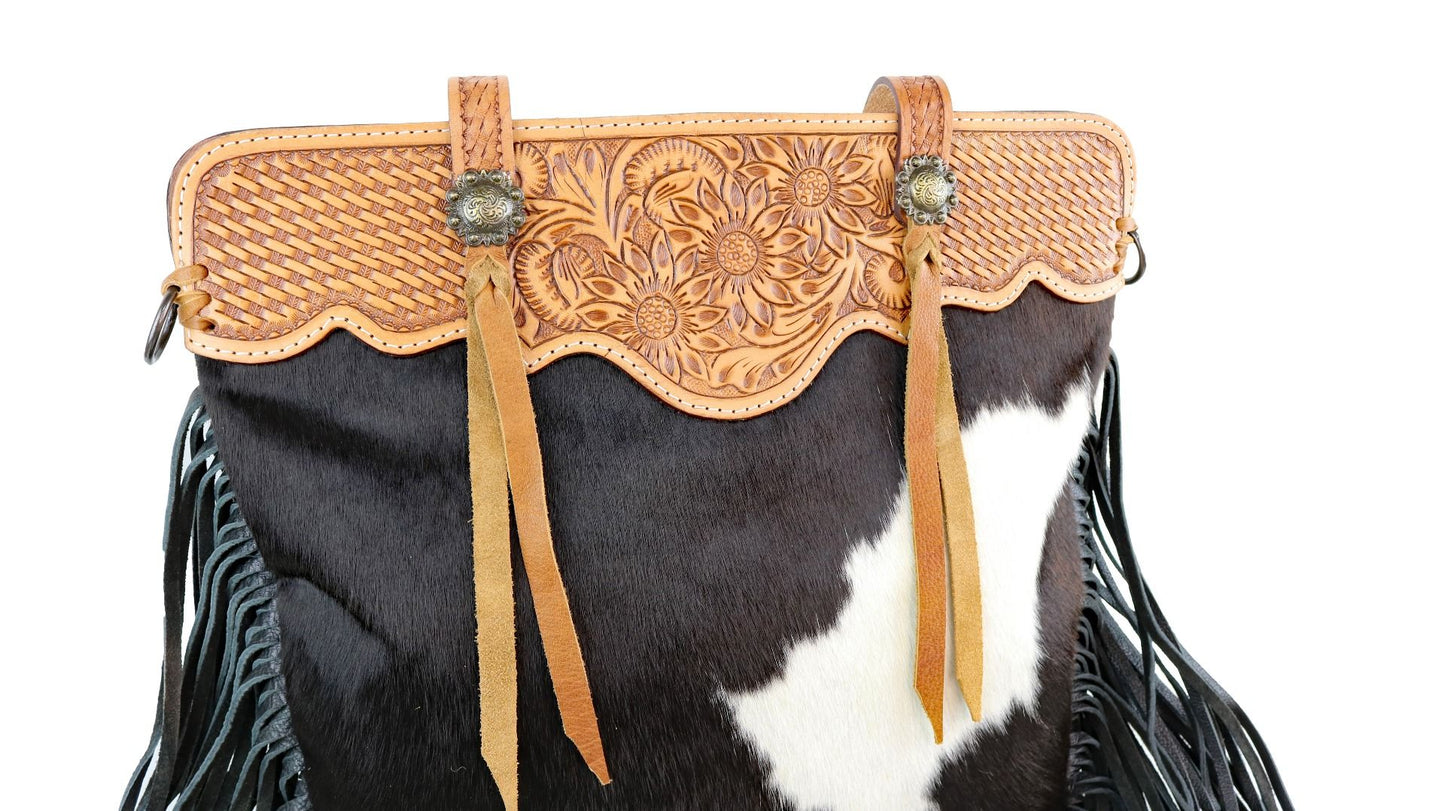 American Darling Hide and Hair Tooled Bag with Fringe ADBGS113BKW