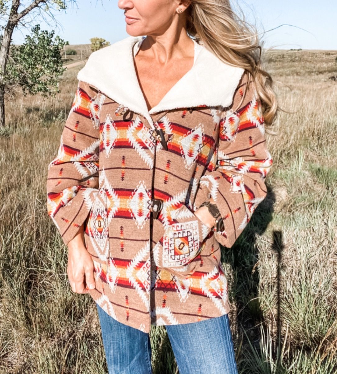 Ladies Aztec Jacquard Wool Cape Coat 52-1011