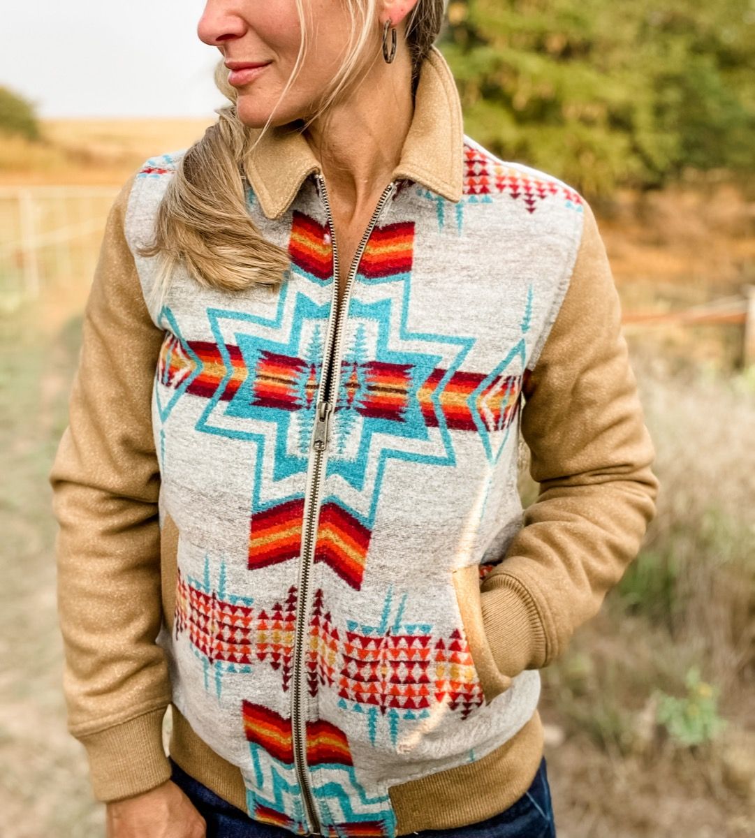Ladies Aztec Jacquard Wool Bomber Coat