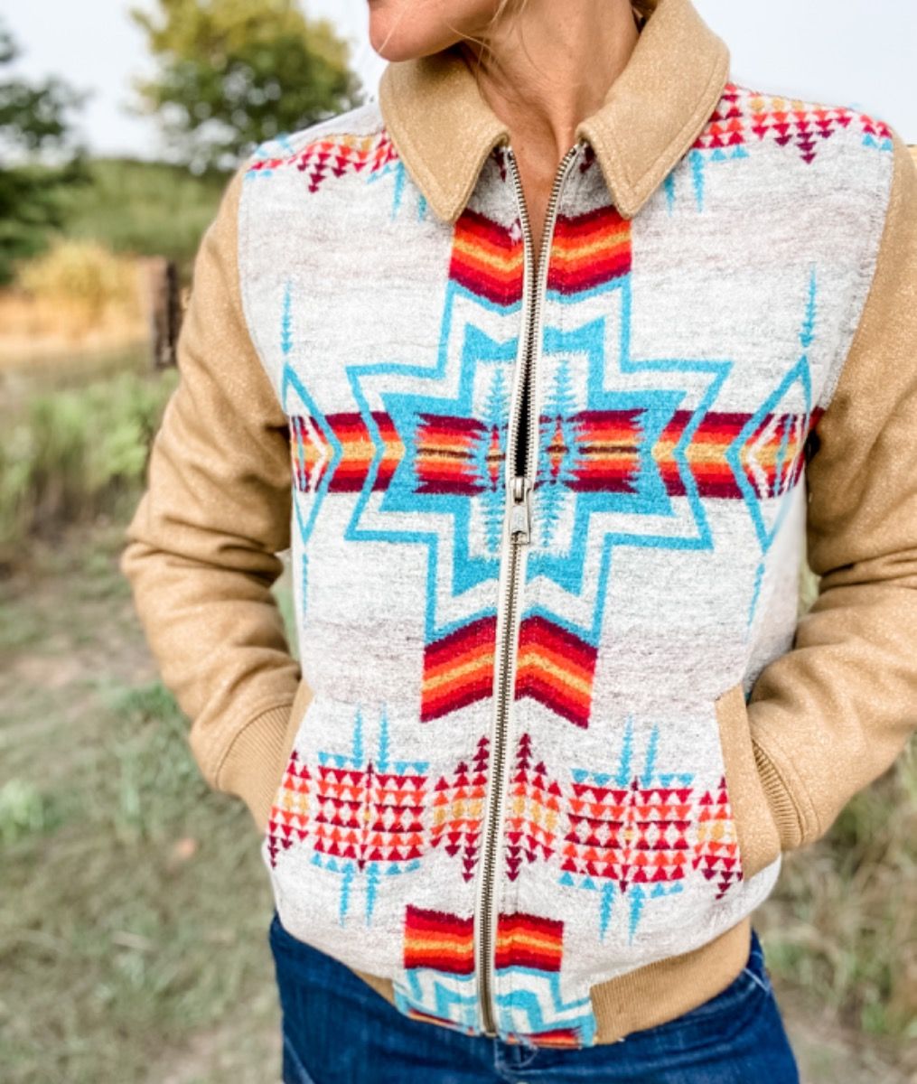 Ladies Aztec Jacquard Wool Bomber Coat