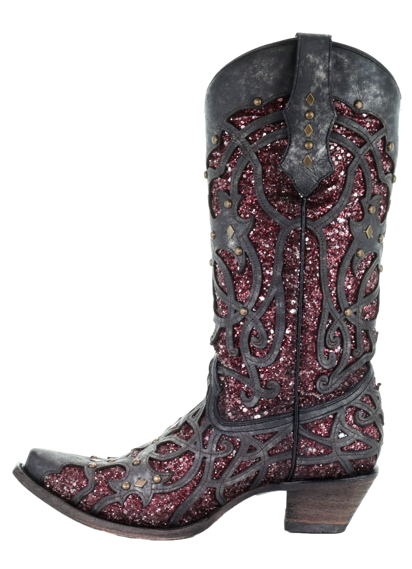 Corral Black Purple Glitter Inlay and Studs Snip Toe Boots
