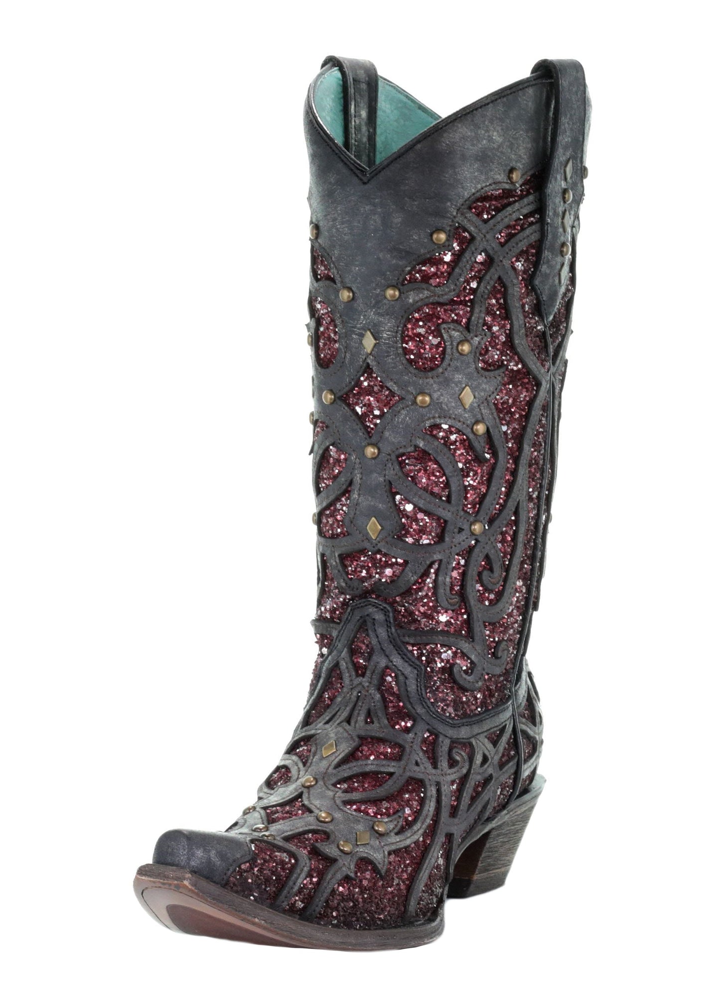 Corral Black Purple Glitter Inlay and Studs Snip Toe Boots