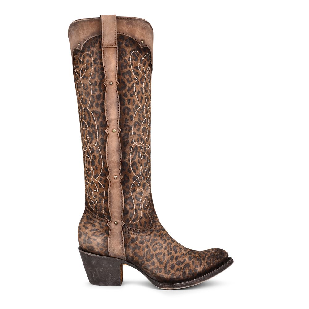 Corral Boot Ladies Sand Leopard Print Embroidery And Studs Tall Top Round C3789
