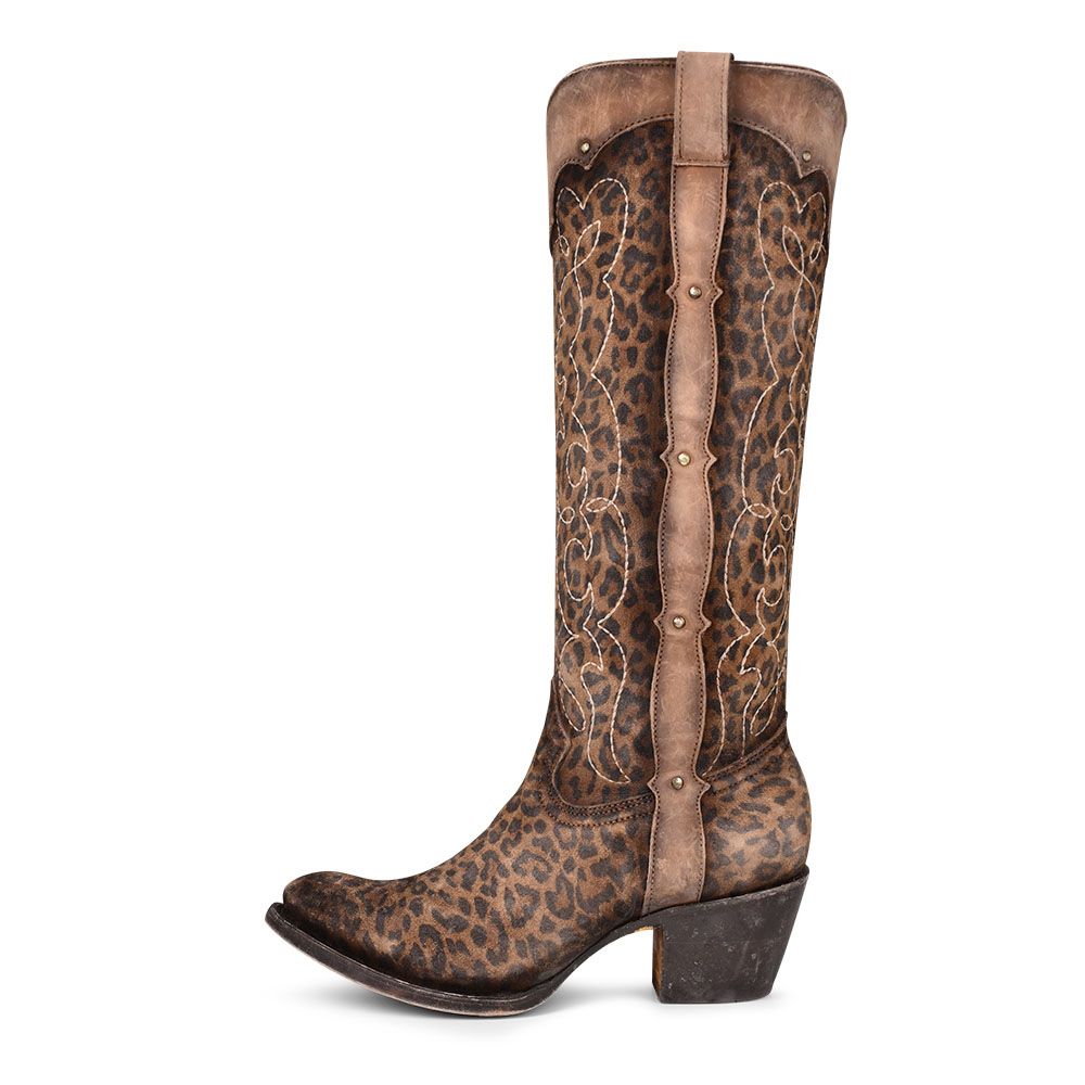 Corral Boot Ladies Sand Leopard Print Embroidery And Studs Tall Top Round C3789