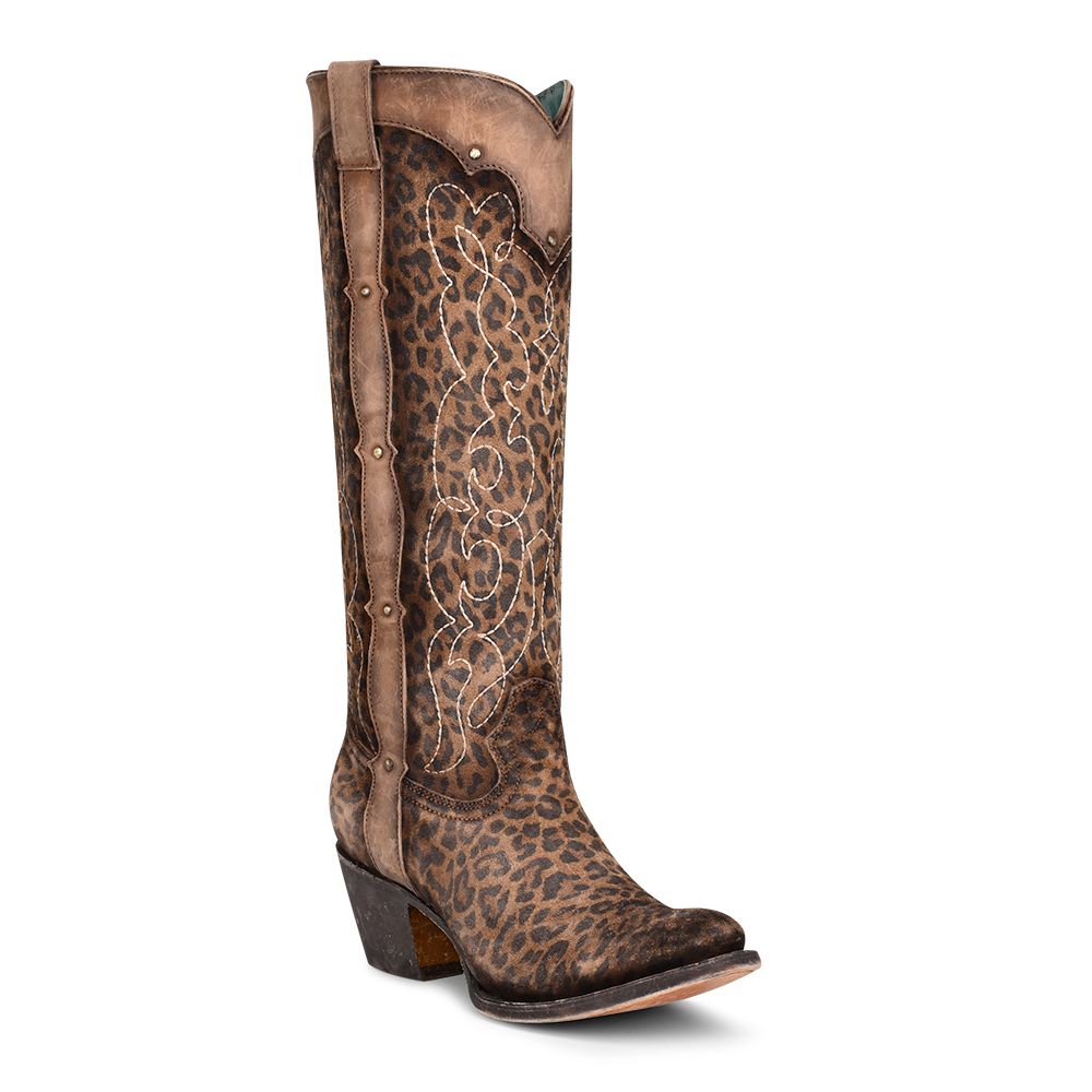 Corral Boot Ladies Sand Leopard Print Embroidery And Studs Tall Top Round C3789