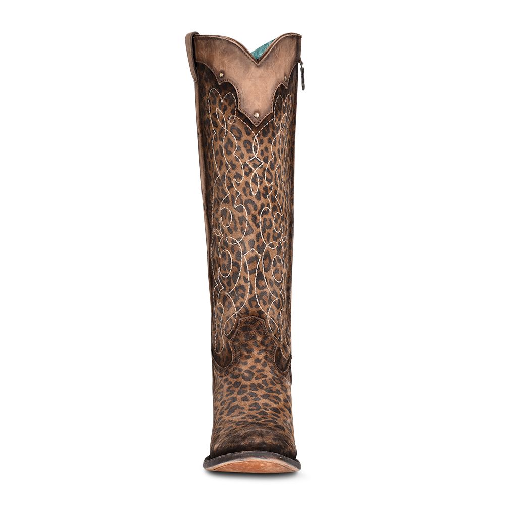 Corral Boot Ladies Sand Leopard Print Embroidery And Studs Tall Top Round C3789