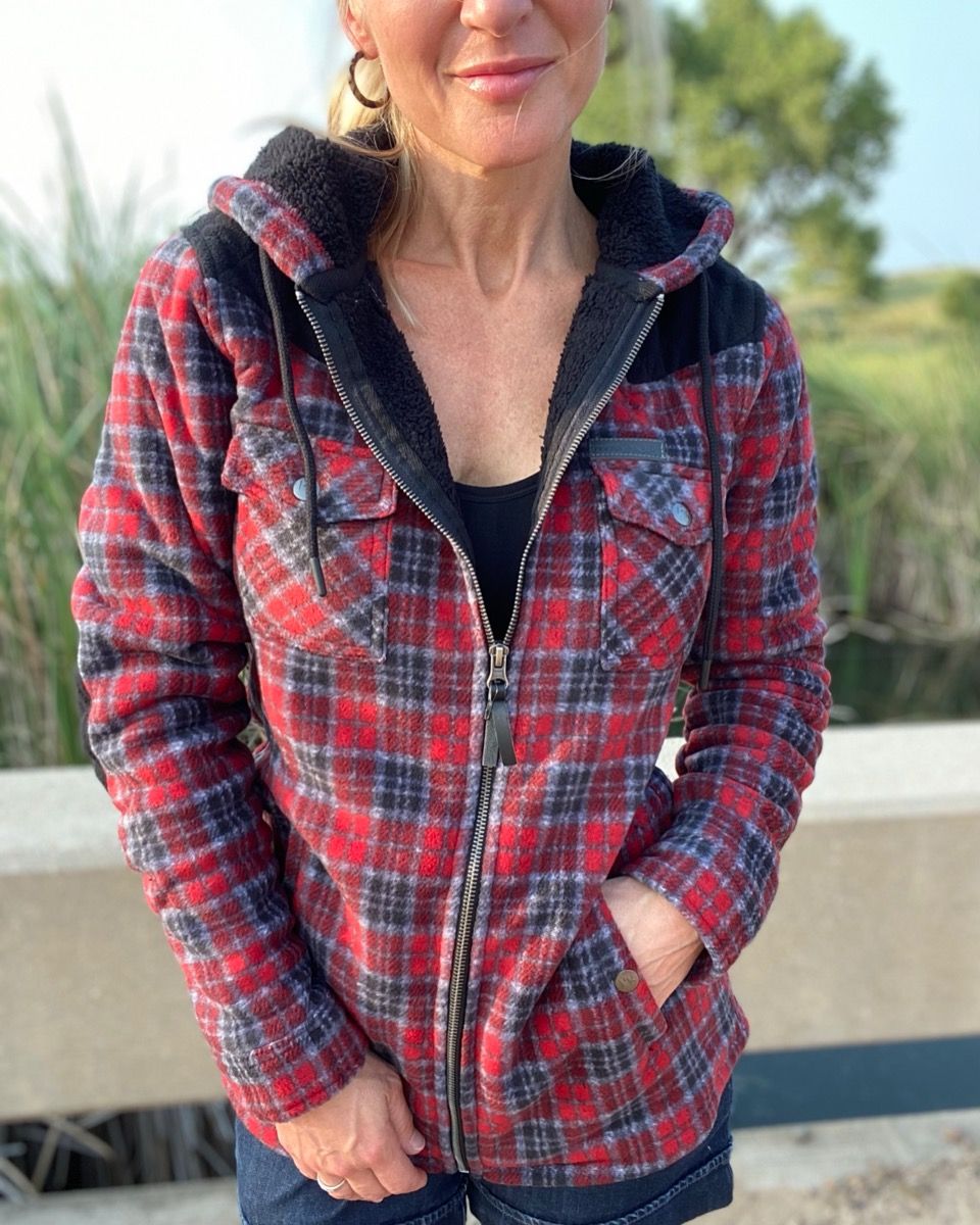 Ladies Red Plaid Print Fleece Jacket
